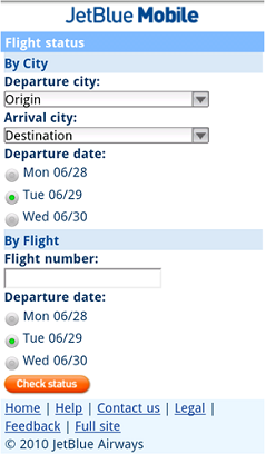 Checking flight status on JetBlue’s mobile site